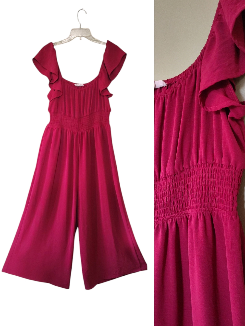 Pie In The Sky Red Wide Leg Smocked Jumpsuit XL Flutter Sleeves Boho Chic